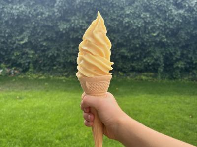 sárgabarack lágyfagylalt tölcsérben, egy kézben tartva a tölcsért