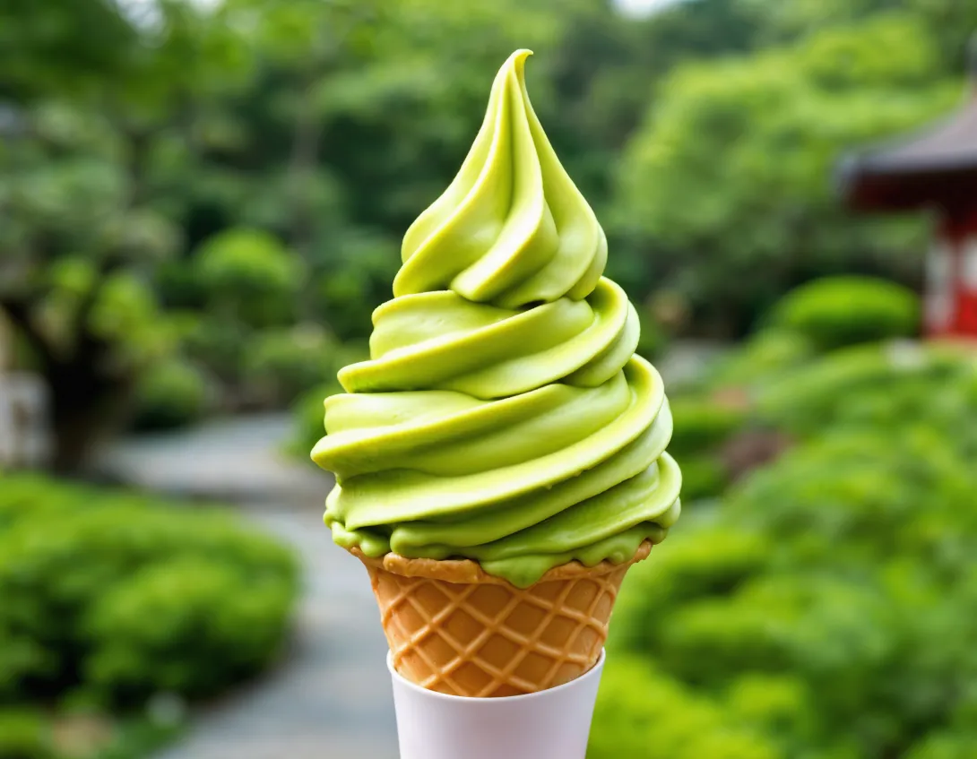 Élénk zöld színű csavaros fagylalt tölcsérben, a háttérben egy park