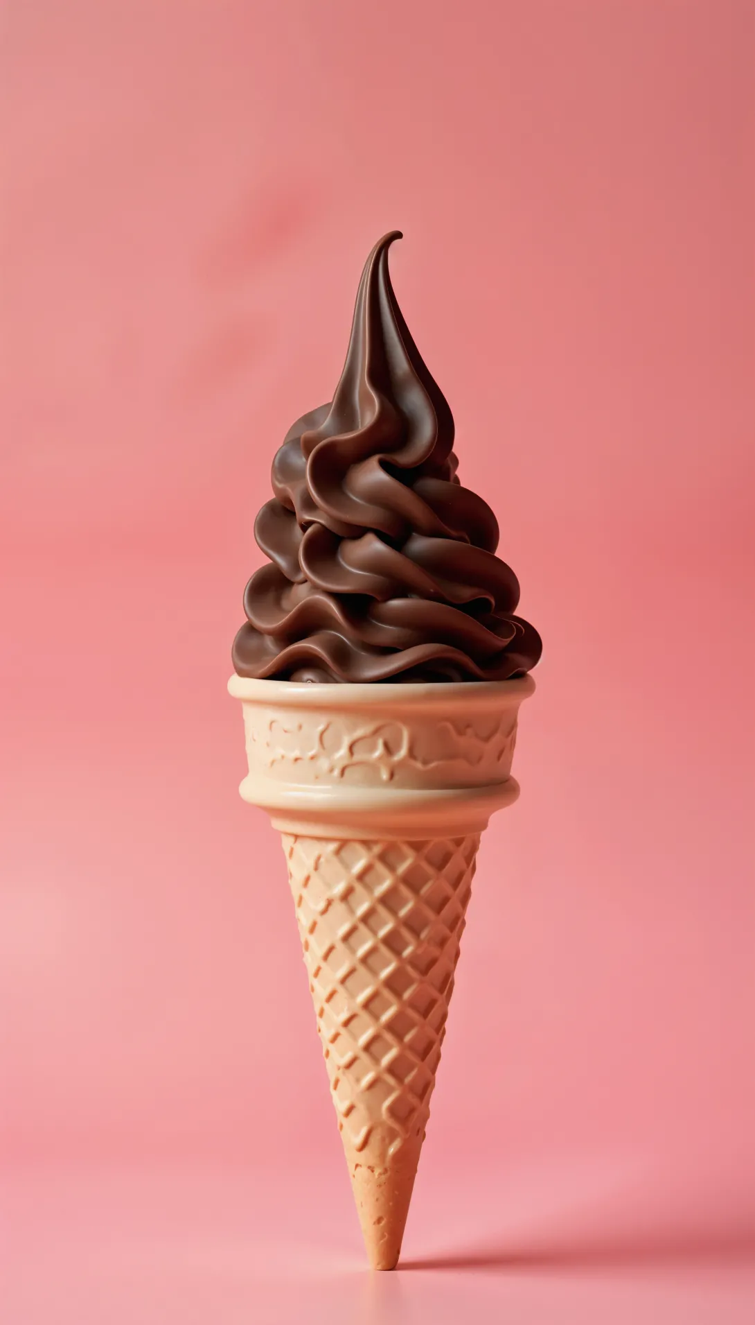 csokoládé csavaros fagylalt tölcsérben rózsaszín háttér előtt